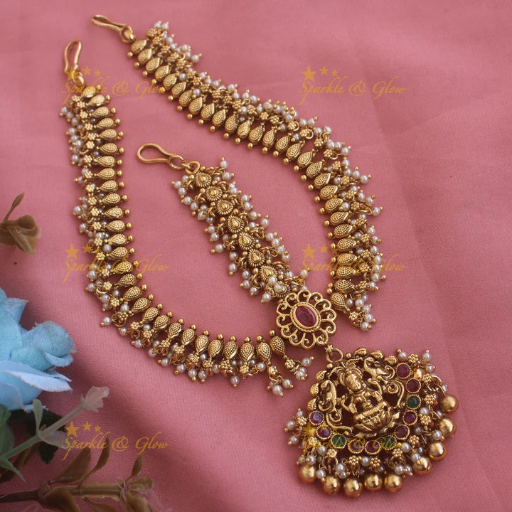 Gorgeous Lakshmi gutta pusalu Bridal three side maang tikka with ruby emerald and green beads - Sparkle and Glow