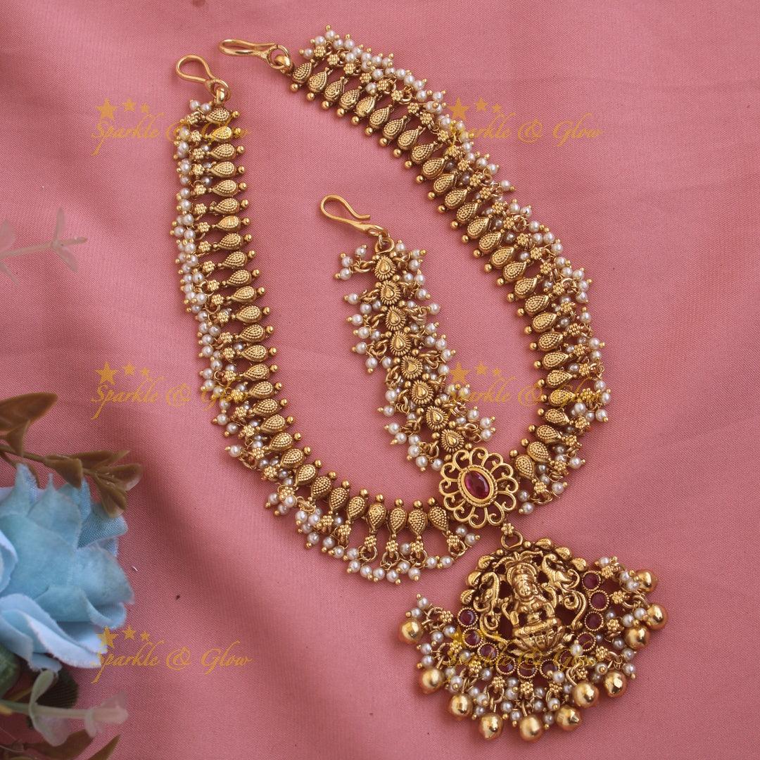 Gorgeous Lakshmi gutta pusalu Bridal three side maang tikka with ruby emerald and green beads - Sparkle and Glow