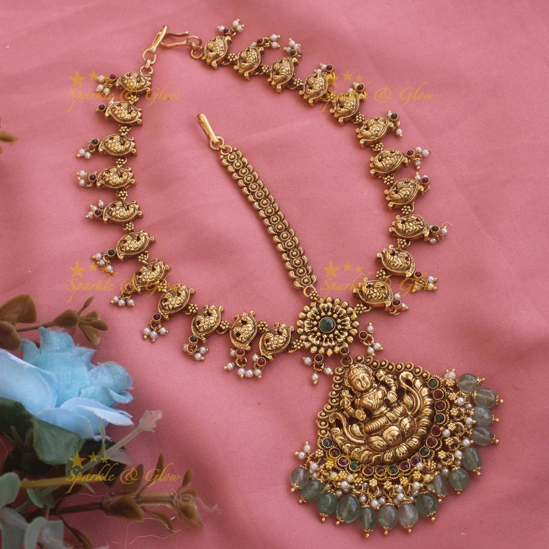 Statement Lakshmi peacock Bridal three side maang tikka with ruby emerald and mint green beads - Sparkle and Glow