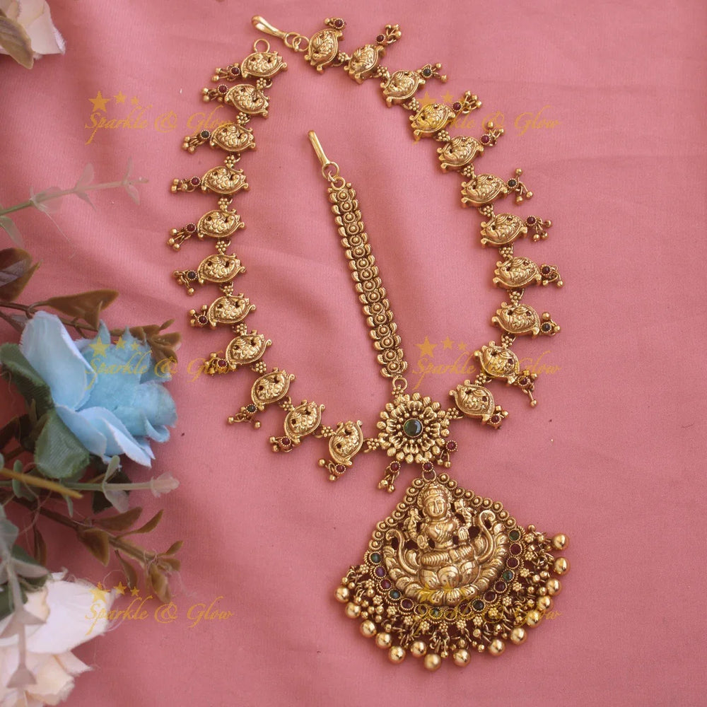 Statement Lakshmi peacock Bridal three side maang tikka with ruby emerald and mint green beads - Sparkle and Glow