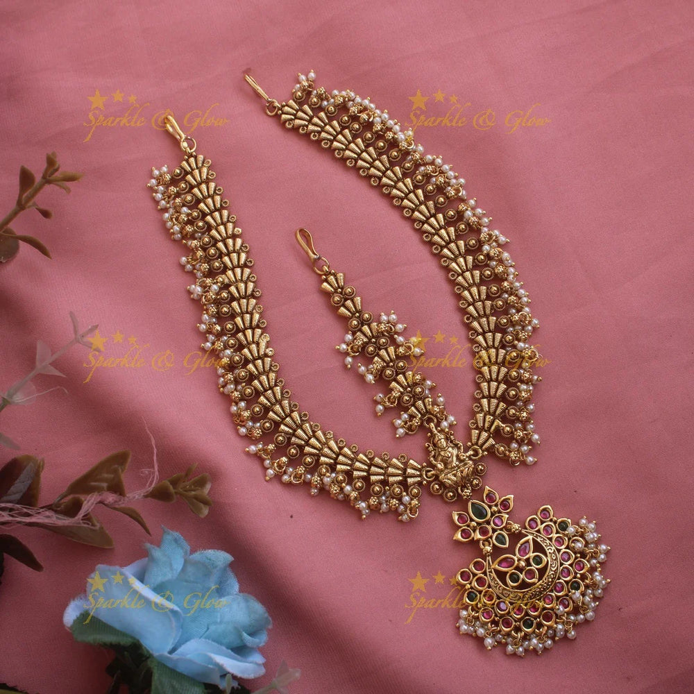 Gold alike Lakshmi gutta puaslu Bridal three side maang tikka with ruby emerald and pearls - Sparkle and Glow