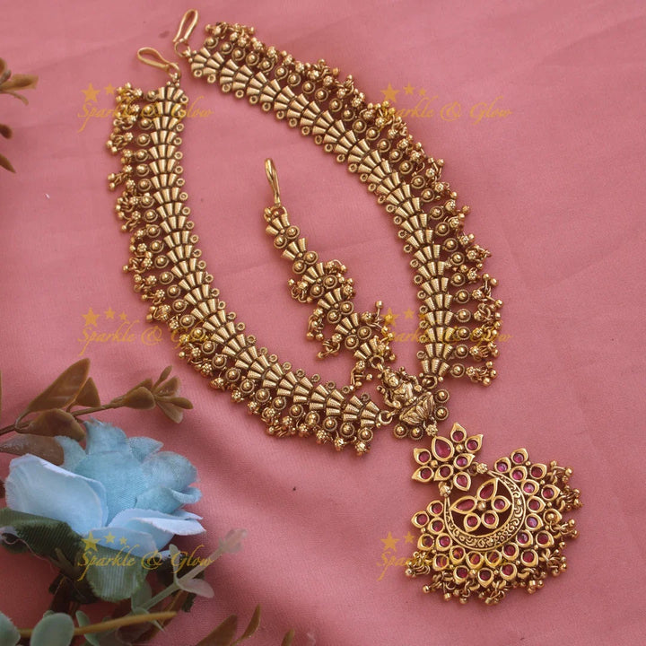 Gold alike Lakshmi gutta puaslu Bridal three side maang tikka with ruby emerald and pearls - Sparkle and Glow
