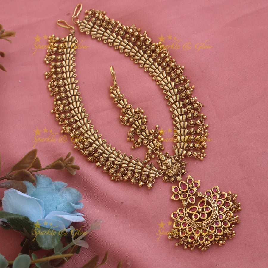 Gold alike Lakshmi gutta puaslu Bridal three side maang tikka with ruby emerald and pearls - Sparkle and Glow