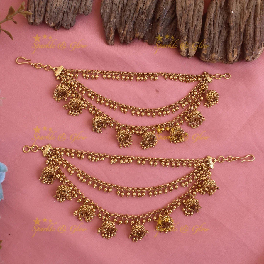 Gold alike Jhumka dropping earchain with gold beads - Sparkle and Glow