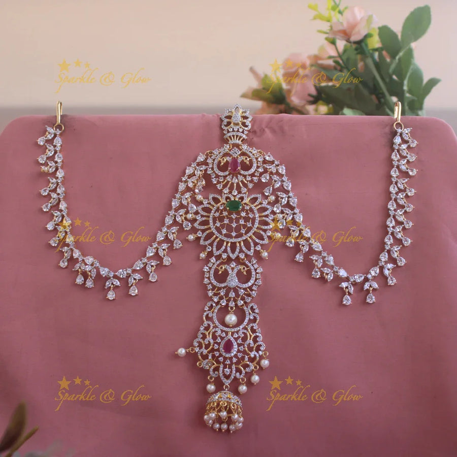 Sparkling Floral peacock design American diamond Jada billa with maatil with ruby emeralds and jhumuka drop - Sparkle and Glow