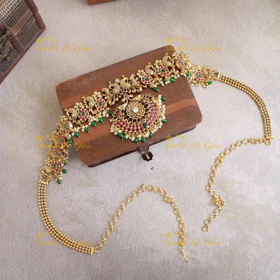 Grand Peacock and floral design kemp stone hipchain with pearls and green beads - Sparkle and Glow