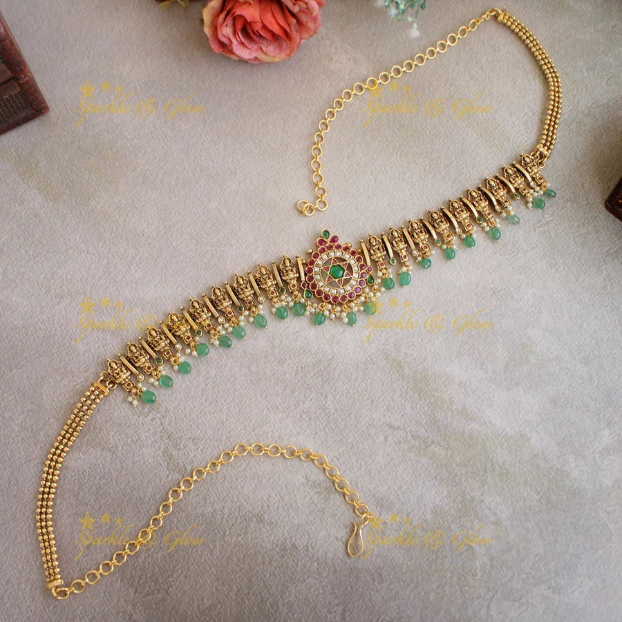 Beautiful Lakshmi carved floral design kemp stone hipchain with pearls and mint green beads - Sparkle and Glow
