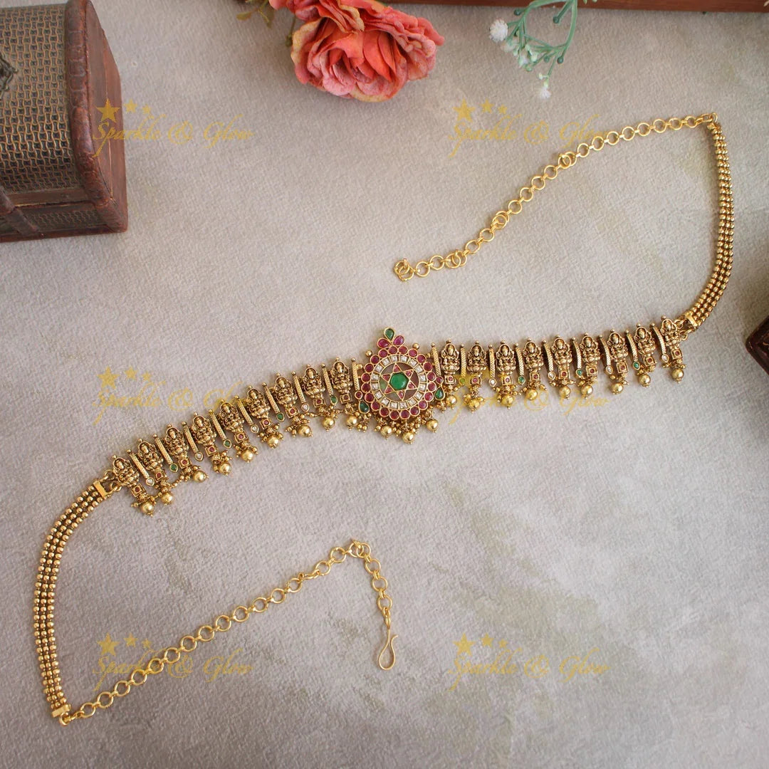 Beautiful Lakshmi carved floral design kemp stone hipchain with pearls and mint green beads - Sparkle and Glow