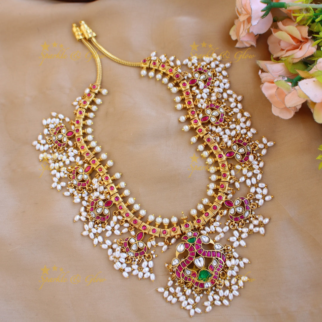 Grand Peacock Floral design gutta pusalu jadau long necklace with rice pearls