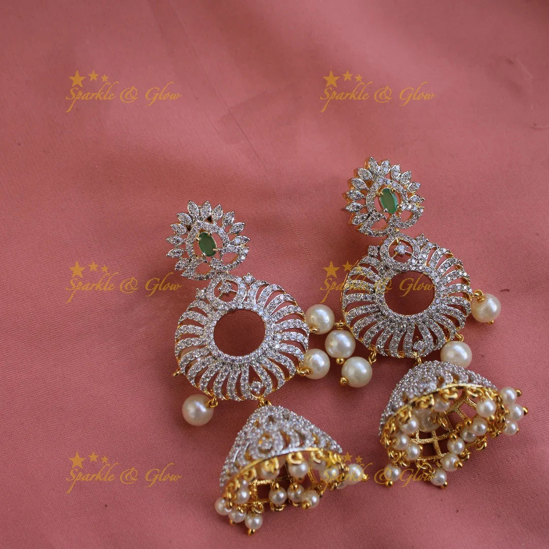 Grand intricate unique design American diamond long necklace with emerald pearls and stone drops - Sparkle and Glow