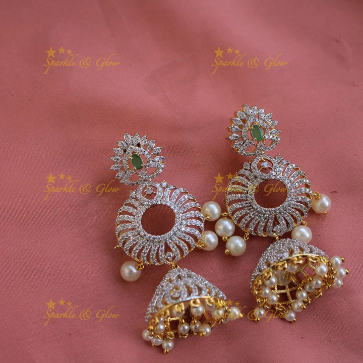 Grand intricate unique design American diamond long necklace with emerald pearls and stone drops - Sparkle and Glow