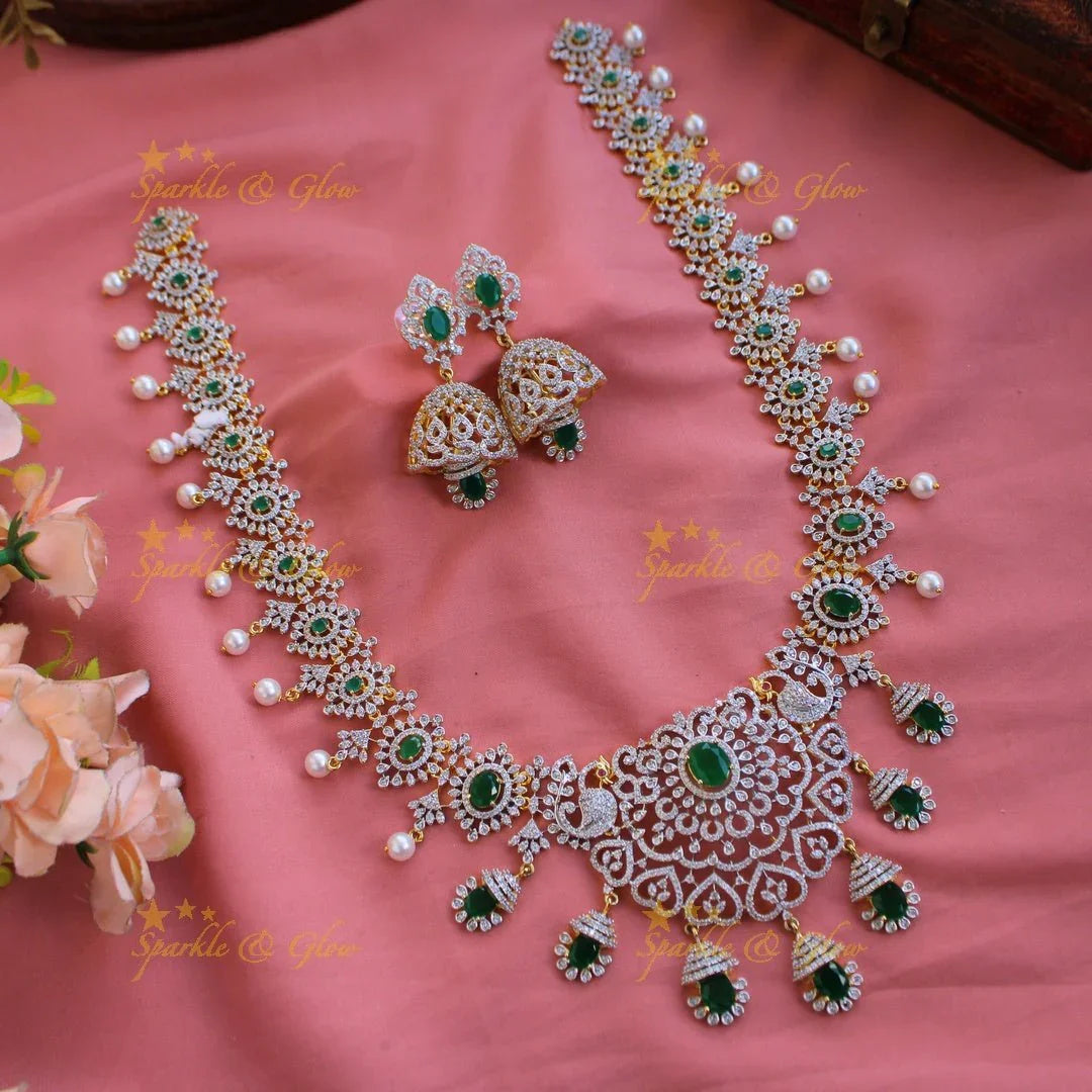 Sparkling Floral peacock American diamond long necklace with emerald and pearls - green - Sparkle and Glow