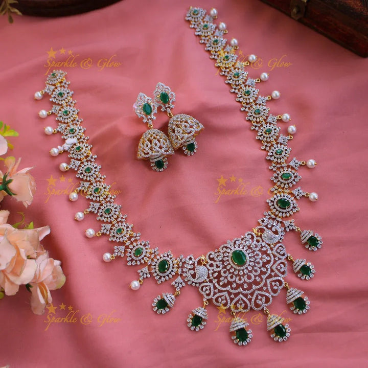 Sparkling Floral peacock American diamond long necklace with emerald and pearls - green - Sparkle and Glow