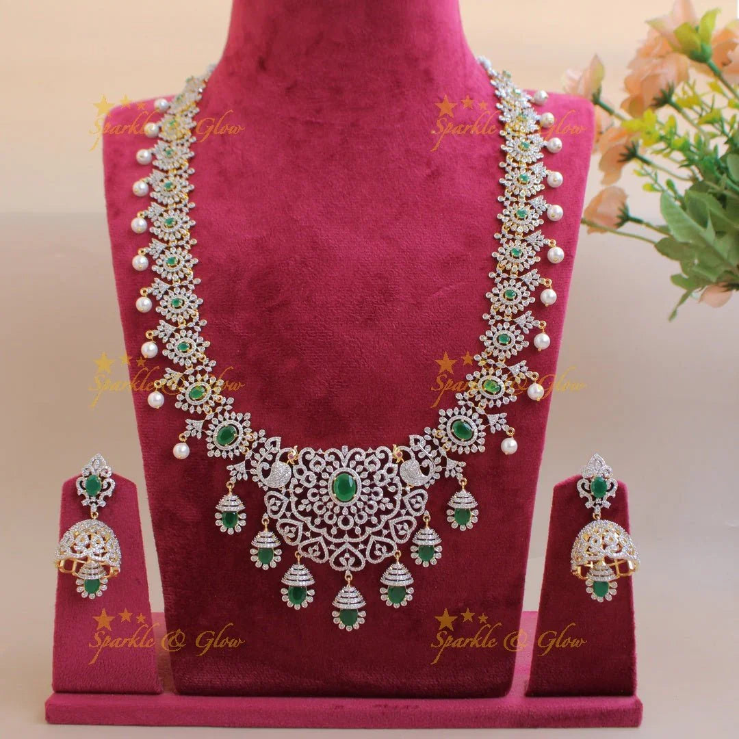 Sparkling Floral peacock American diamond long necklace with emerald and pearls - green - Sparkle and Glow