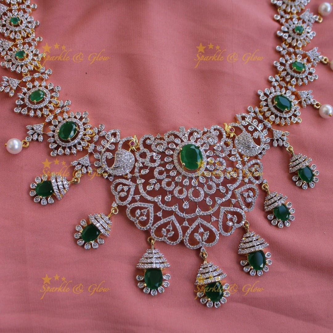 Sparkling Floral peacock American diamond long necklace with emerald and pearls - green - Sparkle and Glow
