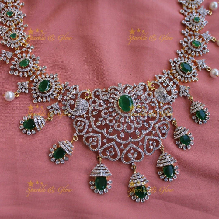 Sparkling Floral peacock American diamond long necklace with emerald and pearls - green - Sparkle and Glow