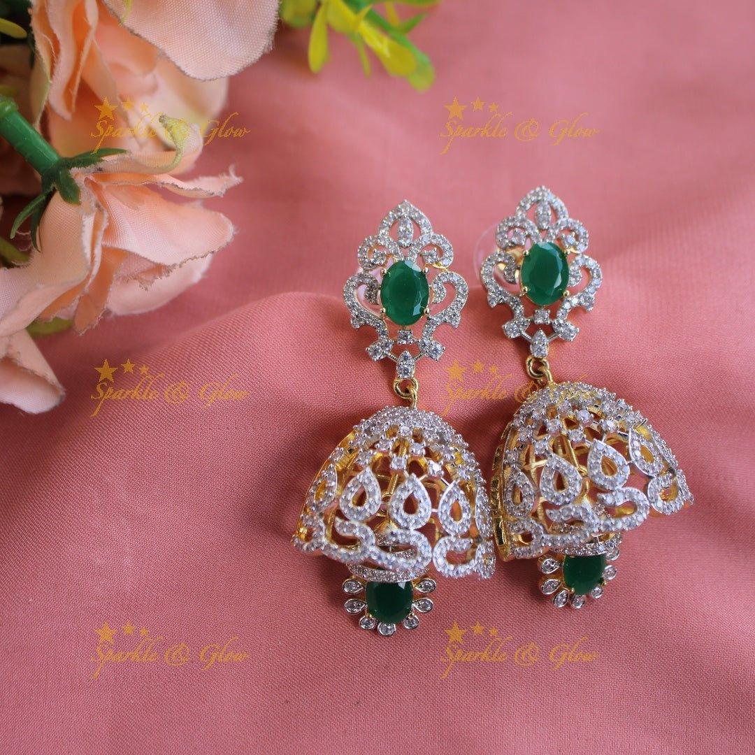 Sparkling Floral peacock American diamond long necklace with emerald and pearls - green - Sparkle and Glow