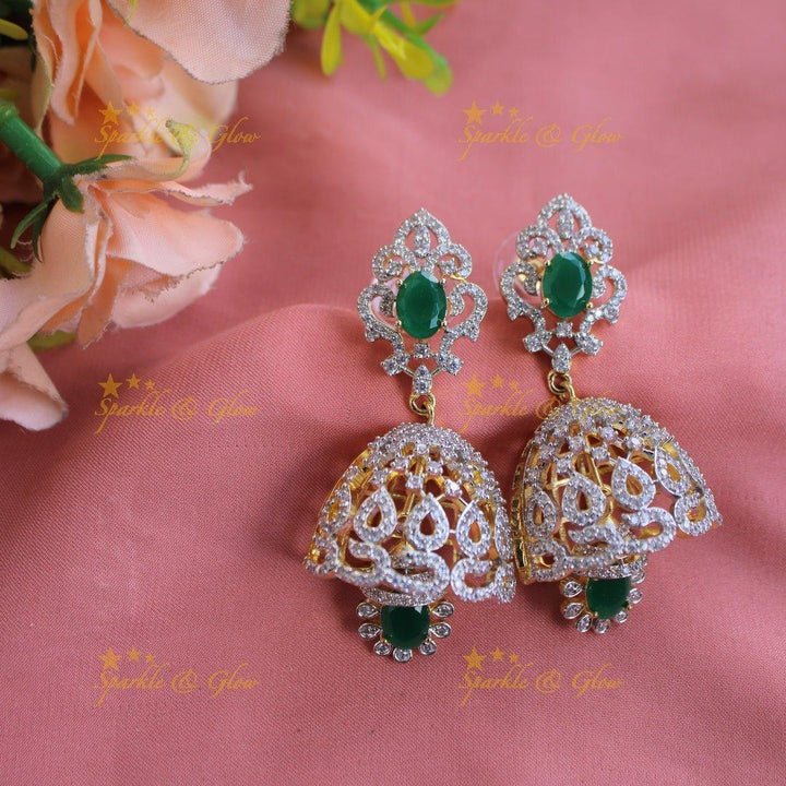 Sparkling Floral peacock American diamond long necklace with emerald and pearls - green - Sparkle and Glow