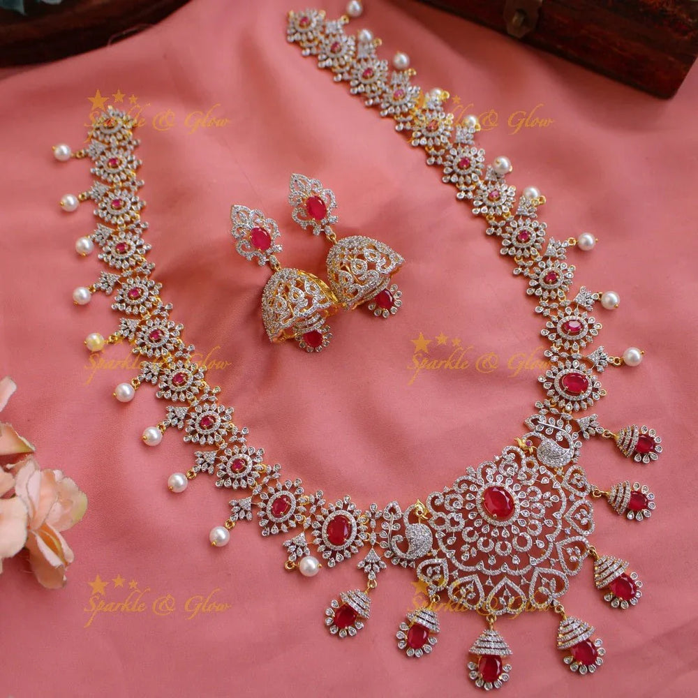 Sparkling Floral peacock American diamond long necklace with emerald and pearls - green - Sparkle and Glow