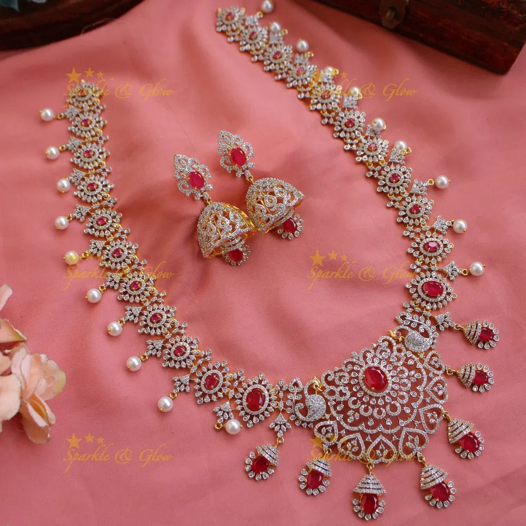 Sparkling Floral peacock American diamond long necklace with emerald and pearls - green - Sparkle and Glow