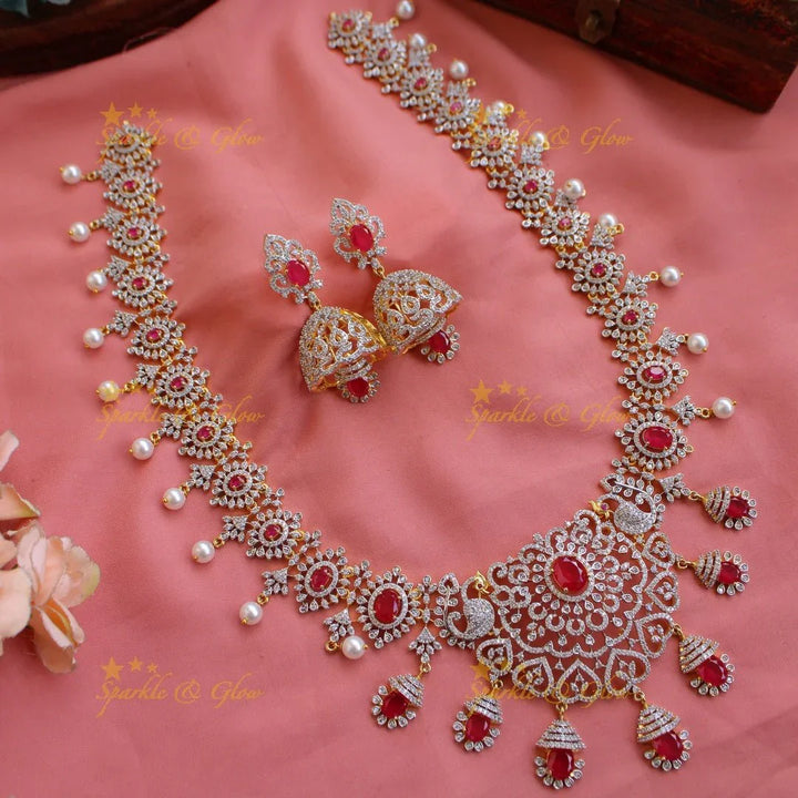 Sparkling Floral peacock American diamond long necklace with emerald and pearls - green - Sparkle and Glow