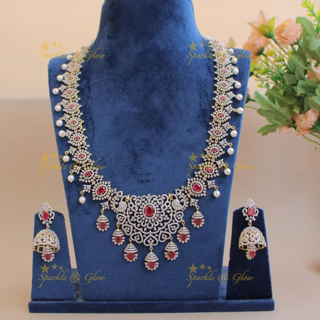 Sparkling Floral peacock American diamond long necklace with emerald and pearls - green - Sparkle and Glow