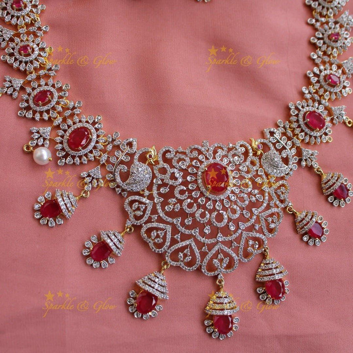 Sparkling Floral peacock American diamond long necklace with emerald and pearls - green - Sparkle and Glow