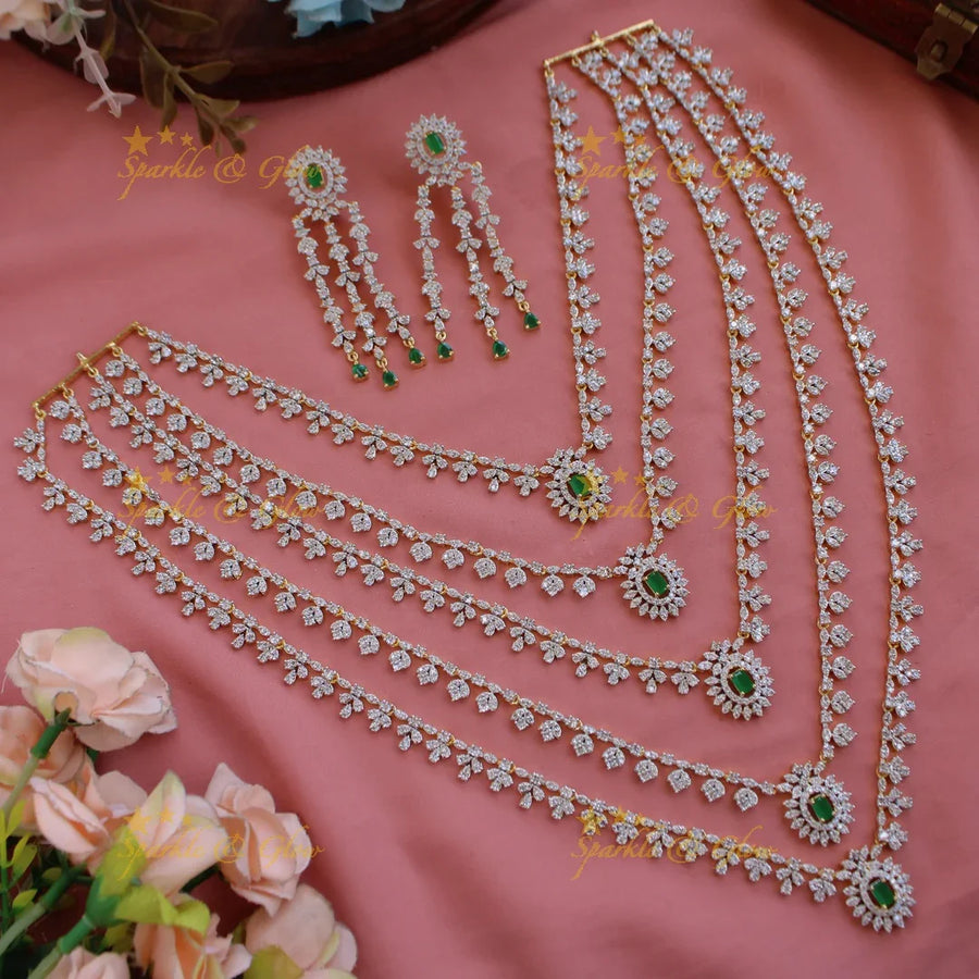 Elegant flower leaflet design Multi layer American diamond long necklace with emerald - Sparkle and Glow
