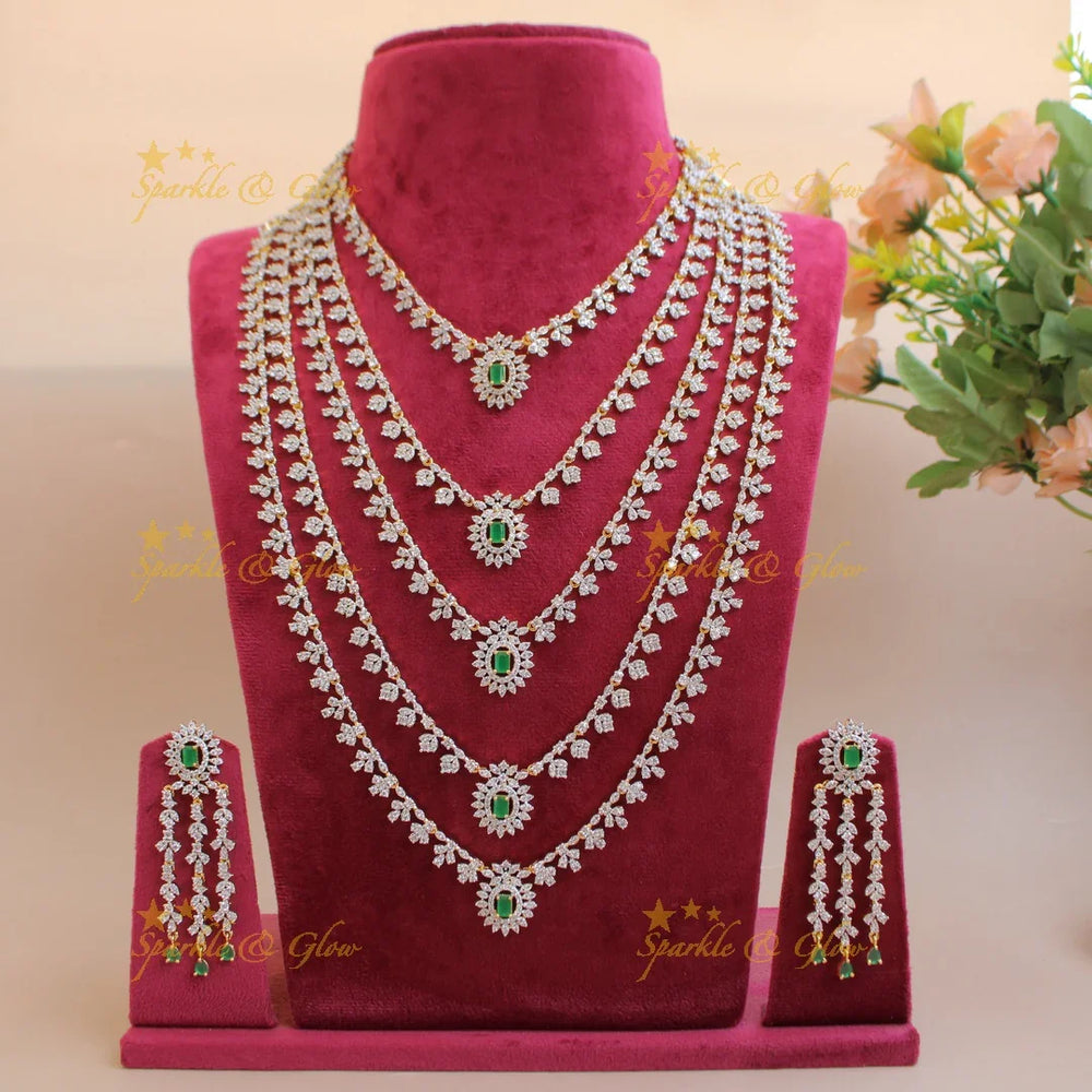 Elegant flower leaflet design Multi layer American diamond long necklace with emerald - Sparkle and Glow