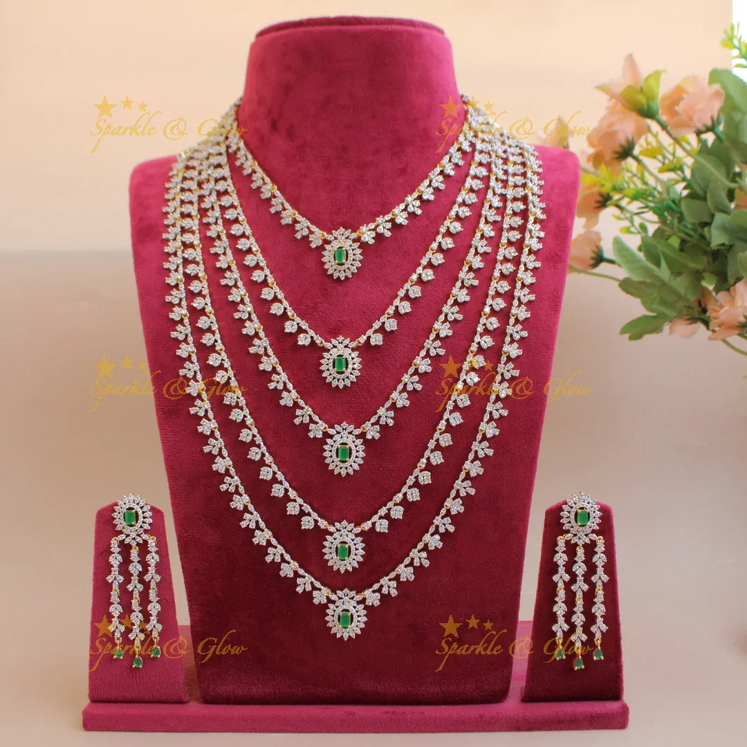 Elegant flower leaflet design Multi layer American diamond long necklace with emerald - Sparkle and Glow