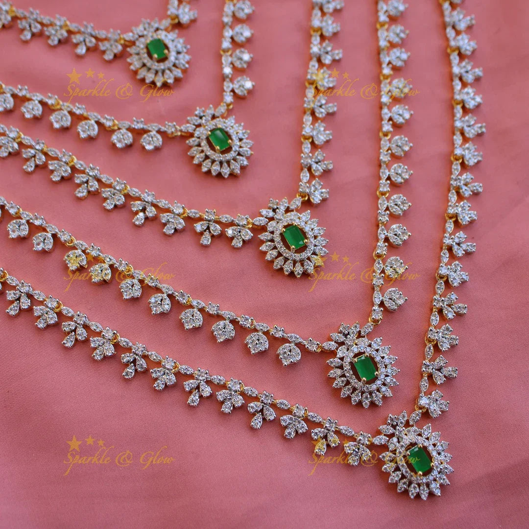 Elegant flower leaflet design Multi layer American diamond long necklace with emerald - Sparkle and Glow