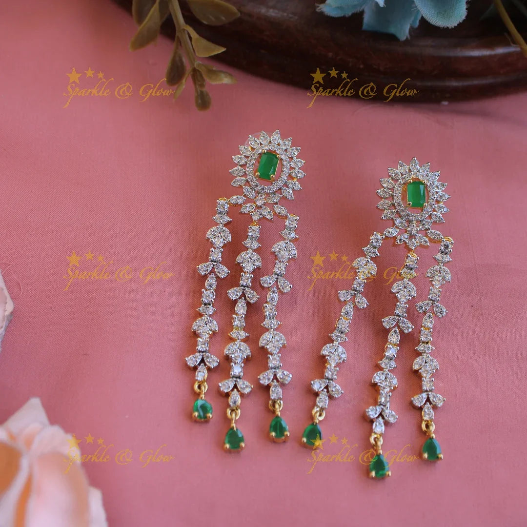 Elegant flower leaflet design Multi layer American diamond long necklace with emerald - Sparkle and Glow