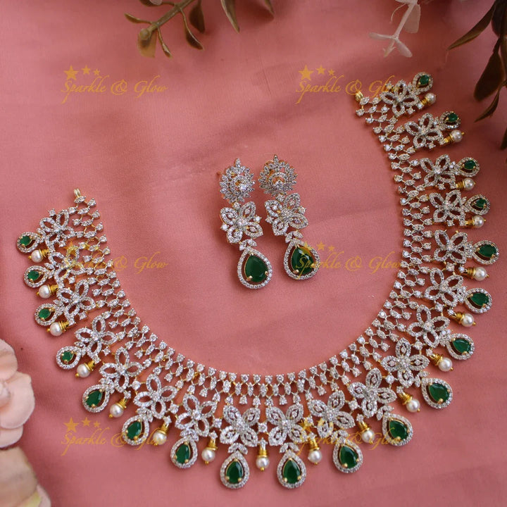 Elegant Floral design American diamond short necklace with emerald and pearls - Sparkle and Glow