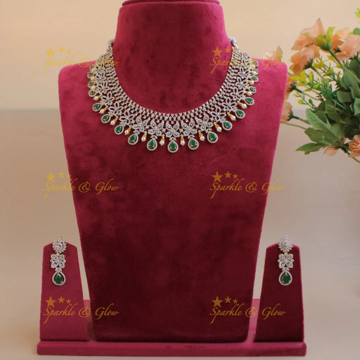 Elegant Floral design American diamond short necklace with emerald and pearls - Sparkle and Glow
