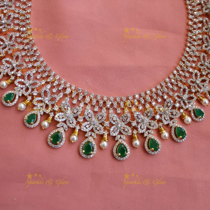 Elegant Floral design American diamond short necklace with emerald and pearls - Sparkle and Glow