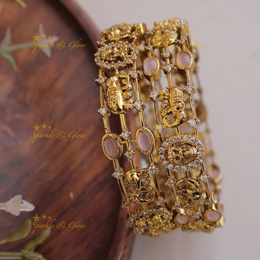 Gorgeous Lakshmi elephant carved three line bangles with stones a pair, - Sparkle and Glow