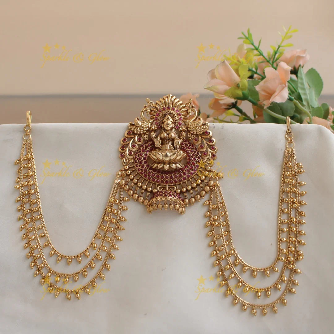 Gorgeous Lakshmi Peacock carved Jada billa with maatil with ruby gold beads and jhumuka drops - Sparkle and Glow