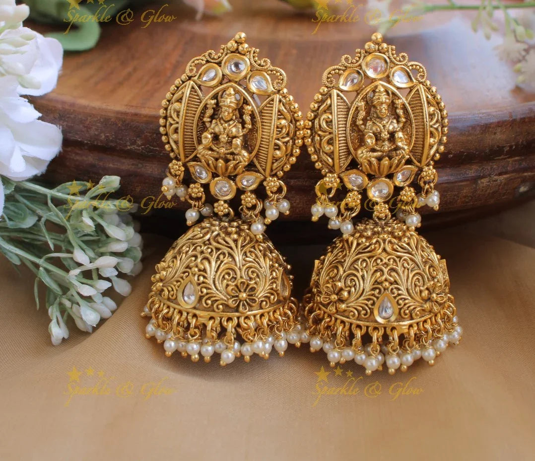 Goddess Mahalakshmi Jhumukas with Pearl beads - Sparkle and Glow