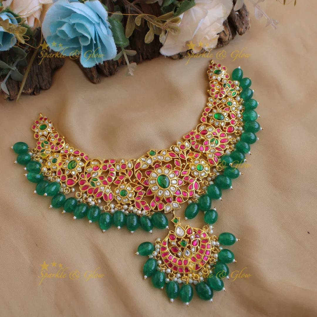 Beaiutiful peacock floral Jadau short necklace with green beads - Sparkle and Glow