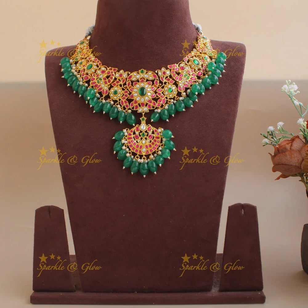 Beaiutiful peacock floral Jadau short necklace with green beads - Sparkle and Glow