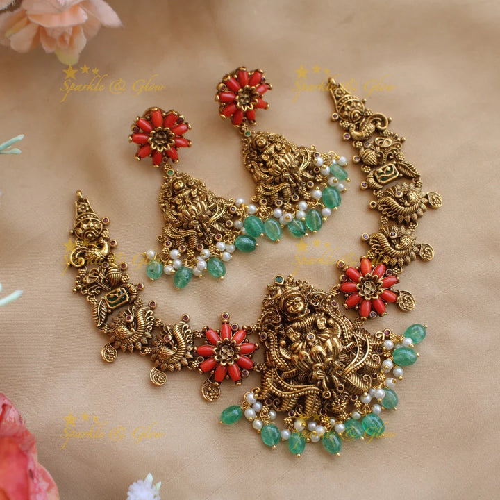 Statement Lakshmi peacock carved short necklace with coral and mint green beads - Sparkle and Glow