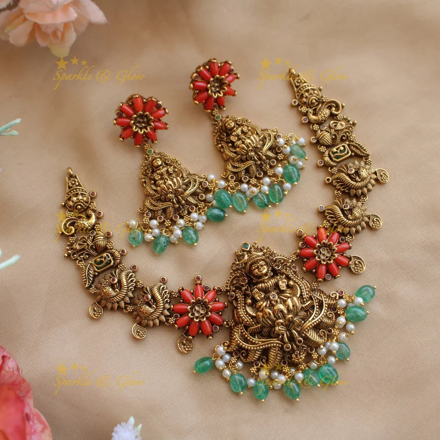 Statement Lakshmi peacock carved short necklace with coral and mint green beads - Sparkle and Glow