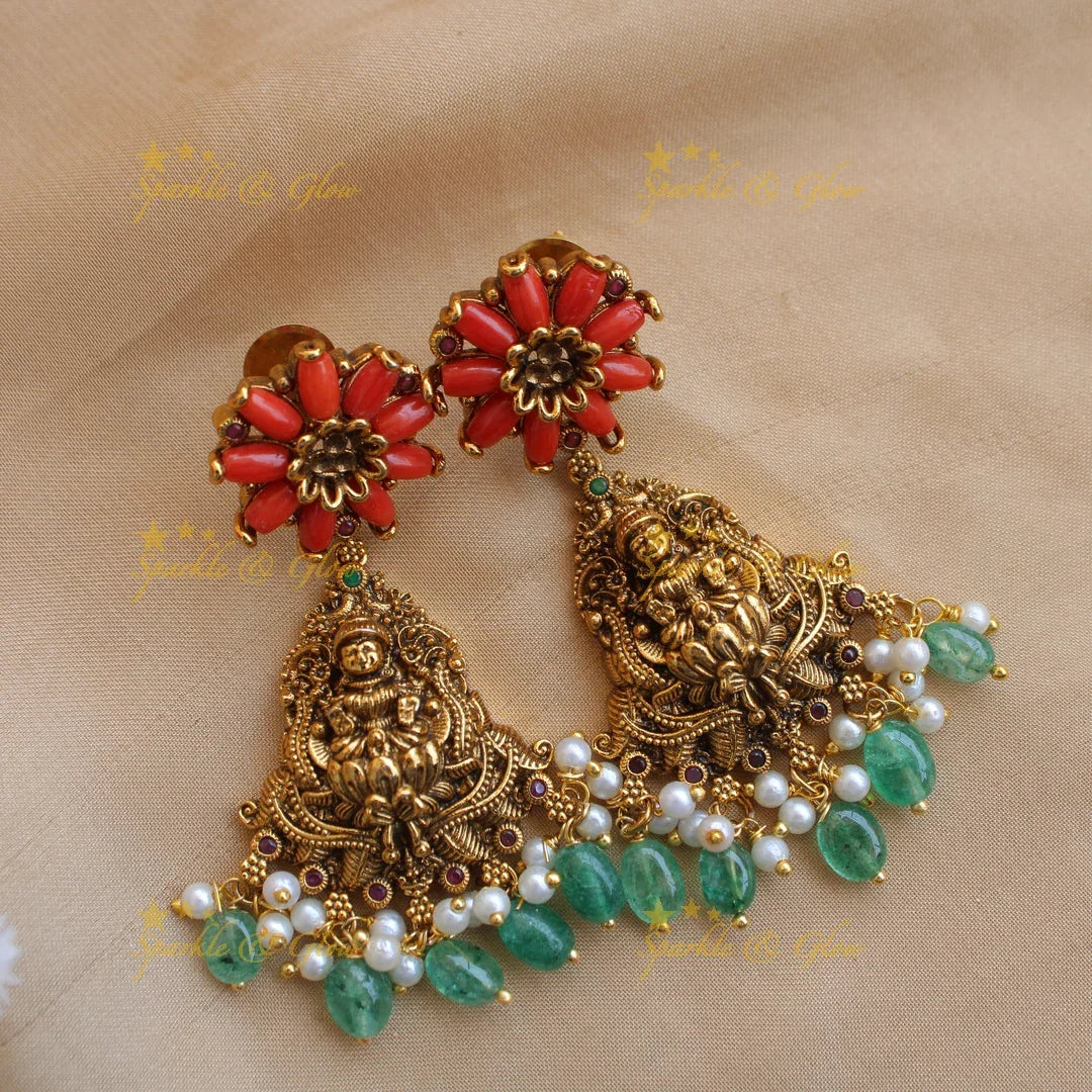 Statement Lakshmi peacock carved short necklace with coral and mint green beads - Sparkle and Glow