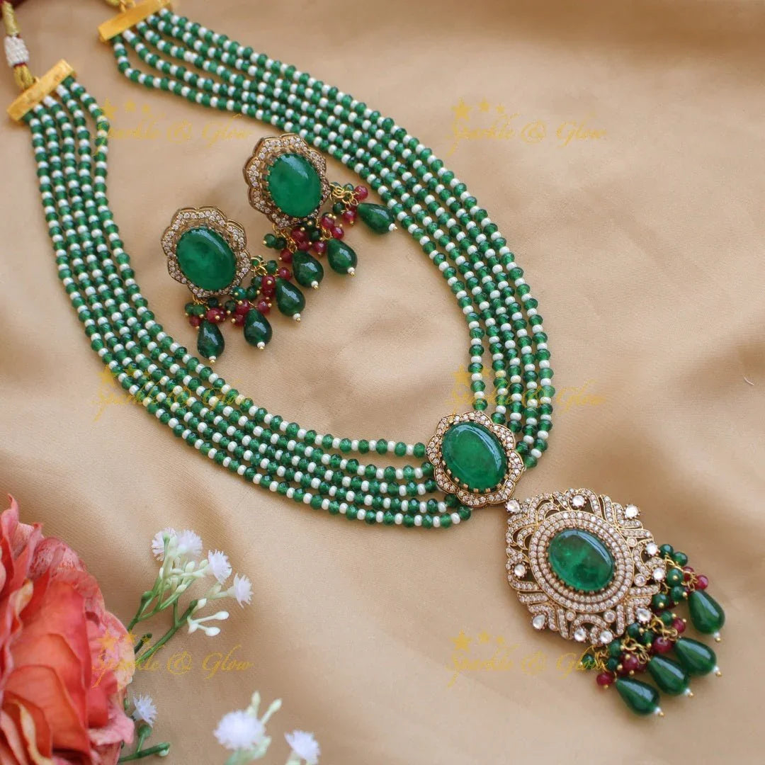Stunning Floral and stone pendant Victorian AD haram with multi layer beads chain - green - Sparkle and Glow