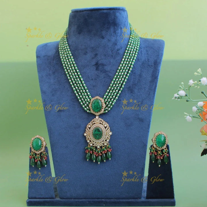 Stunning Floral and stone pendant Victorian AD haram with multi layer beads chain - green - Sparkle and Glow