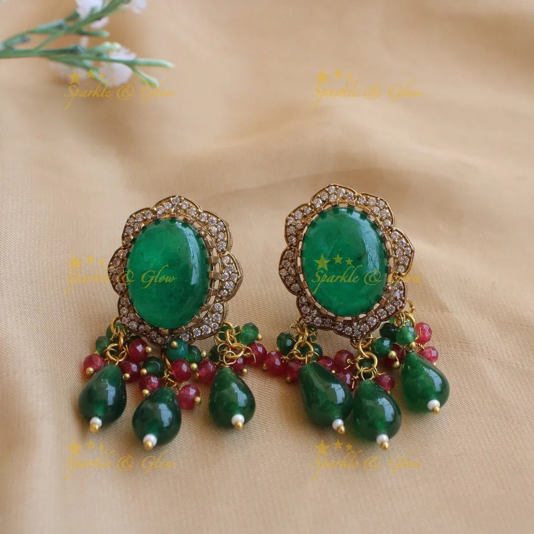 Stunning Floral and stone pendant Victorian AD haram with multi layer beads chain - green - Sparkle and Glow