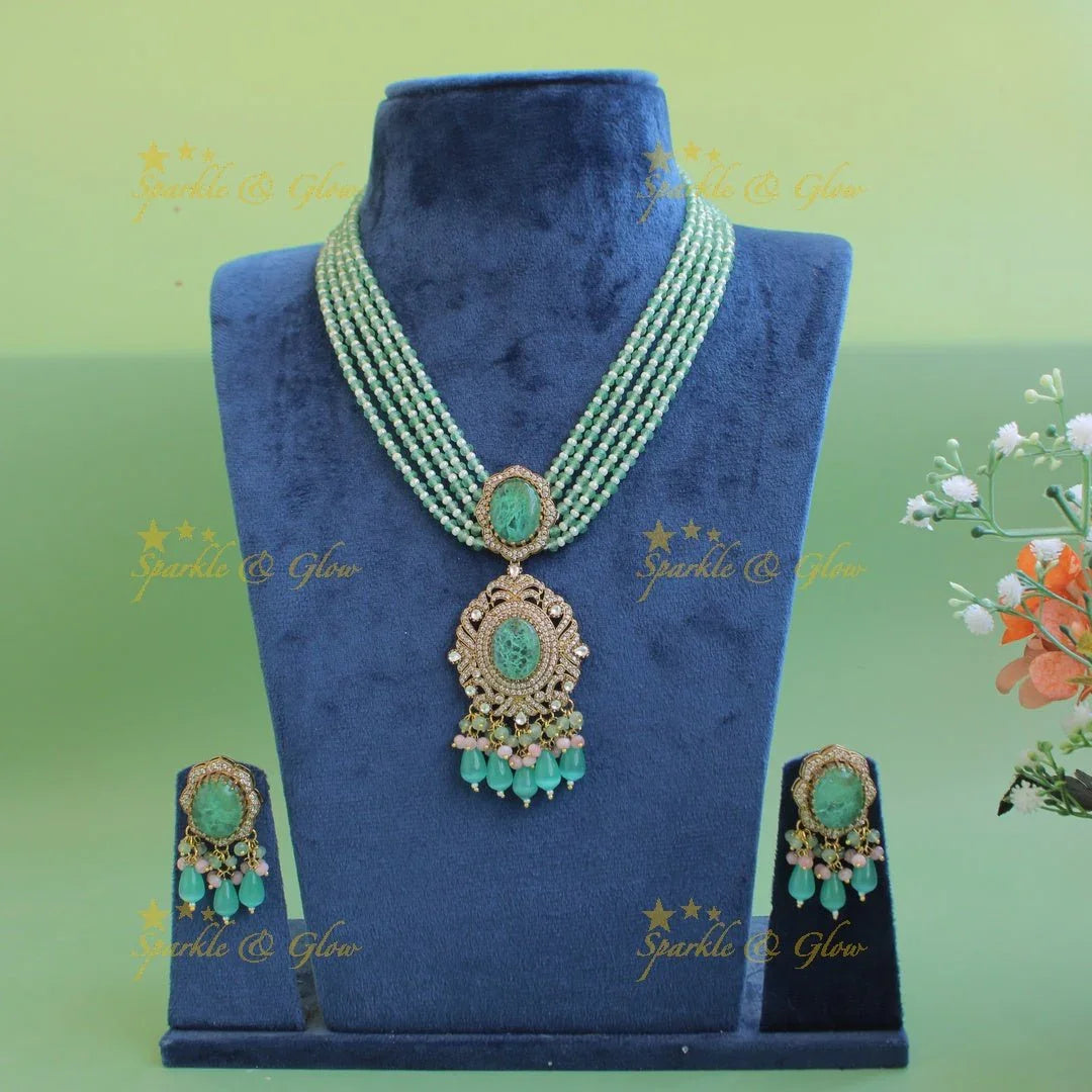 Stunning Floral and stone pendant Victorian AD haram with multi layer beads chain - green - Sparkle and Glow