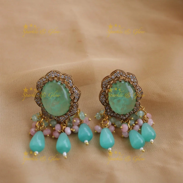 Stunning Floral and stone pendant Victorian AD haram with multi layer beads chain - green - Sparkle and Glow