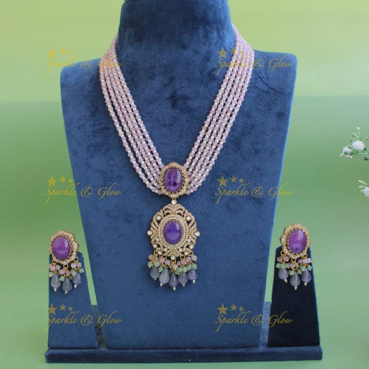 Stunning Floral and stone pendant Victorian AD haram with multi layer beads chain - green - Sparkle and Glow