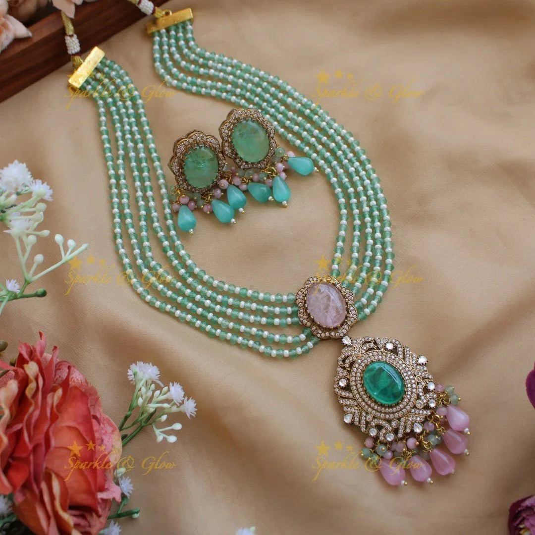 Stunning Floral and stone pendant Victorian AD haram with multi layer beads chain - green - Sparkle and Glow